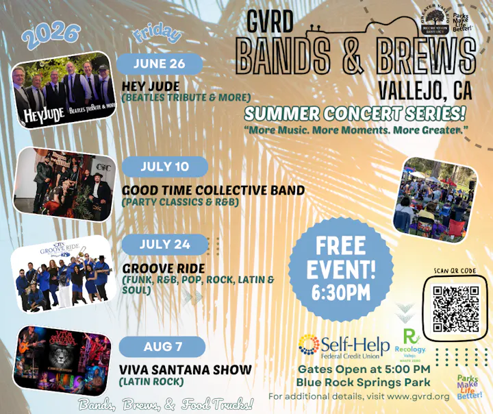 The image promotes the "Bands & Brews" summer concert series in Vallejo, CA, featuring live music, food trucks, and free admission.