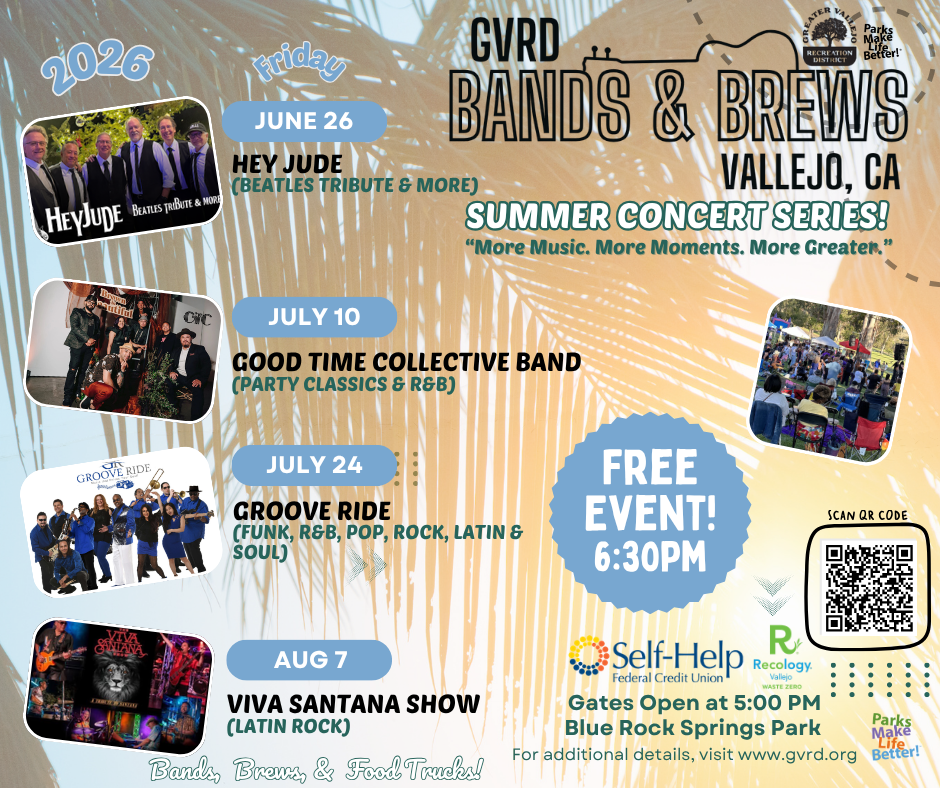 The image promotes the "Bands & Brews" summer concert series in Vallejo, CA, featuring live music, food trucks, and free admission.