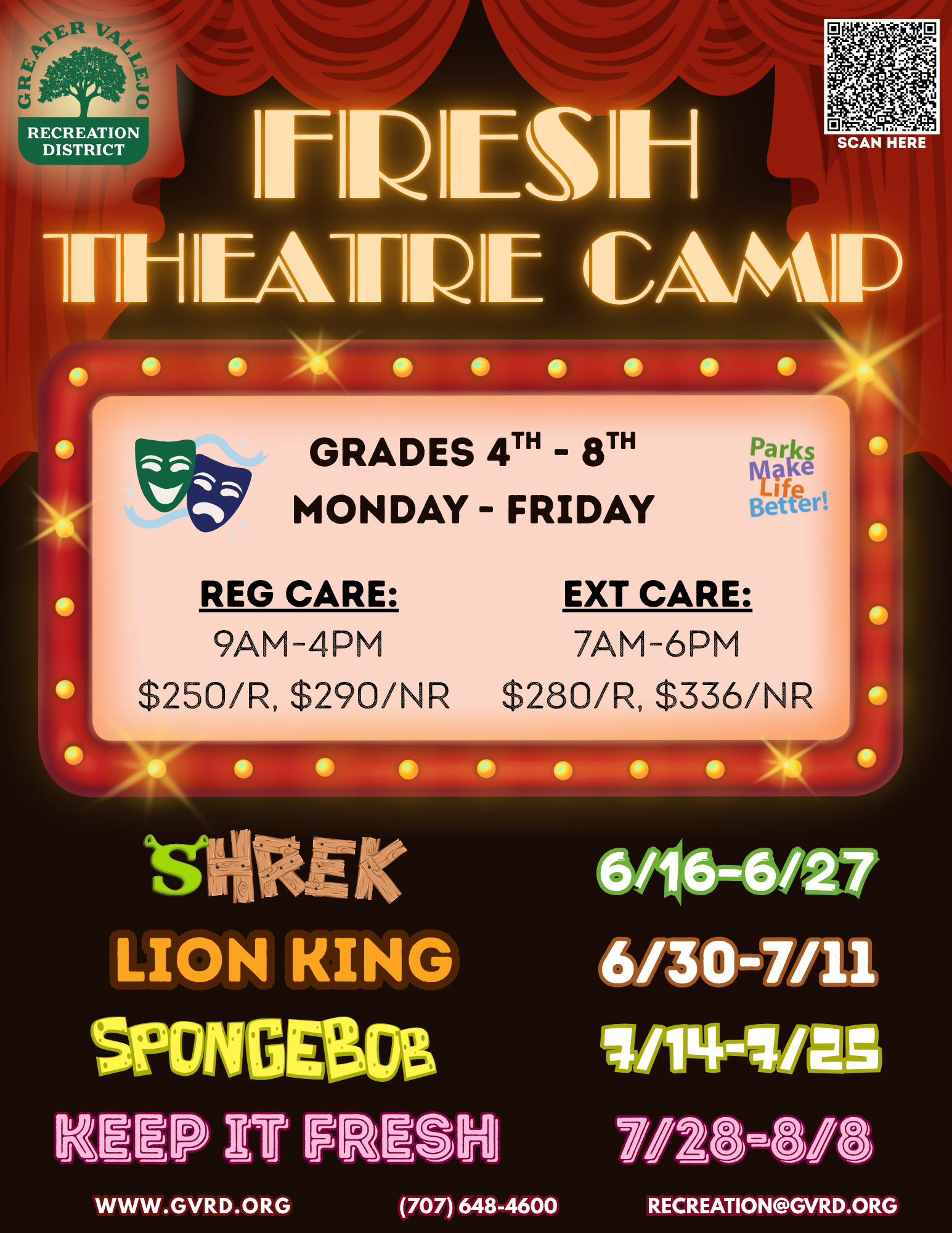 Theatre camp for 4th-8th graders, Monday-Friday, with "Shrek," "Lion King," and "SpongeBob" sessions. Prices vary for regular/ext. care.