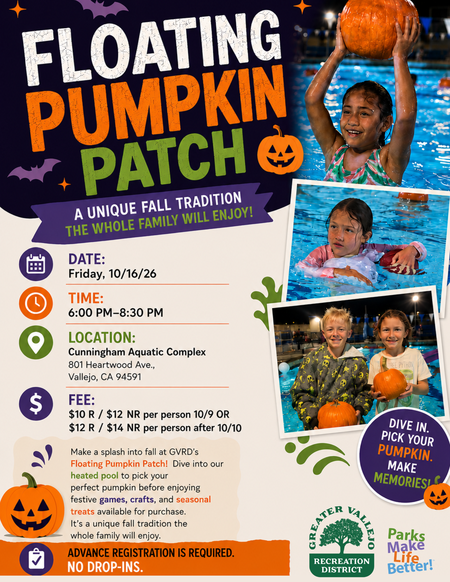 Event: Floating Pumpkin Patch on 10/16/26, 6-8:30 PM, at Cunningham Aquatic Complex, Vallejo. Registration required; there's a fee.
