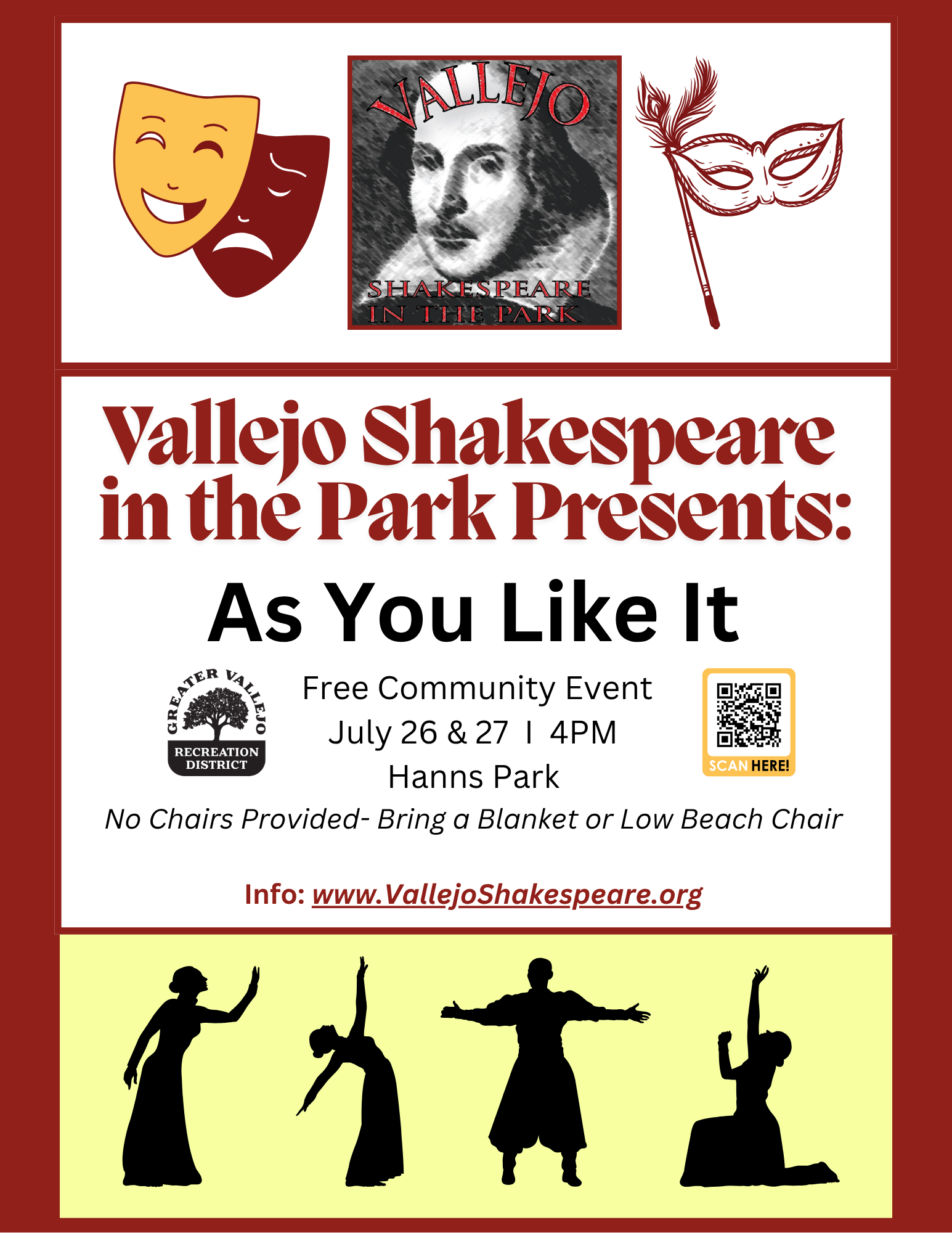 Vallejo Shakespeare in the Park presents "As You Like It," July 26 & 27, 4 PM, Hanns Park. Free event, bring blanket or low chair.