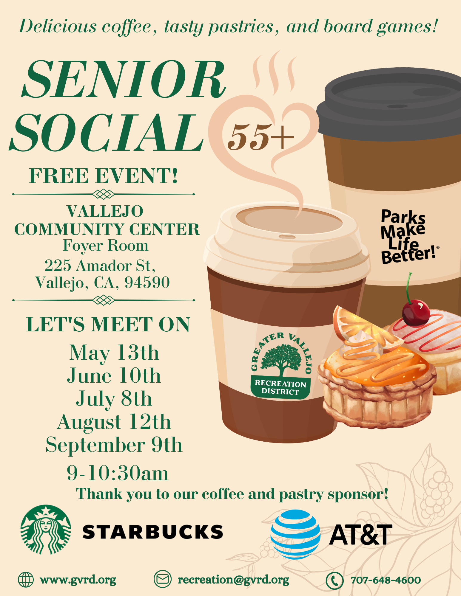 Join the free Senior Social for ages 55+ at Vallejo Community Center with coffee, pastries, and games on select dates!
