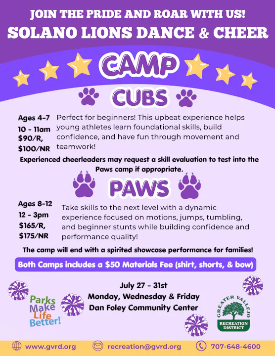 Solano Lions Dance & Cheer camps for ages 4-12. Camps include skills training and performances. Dates: July 27-31.