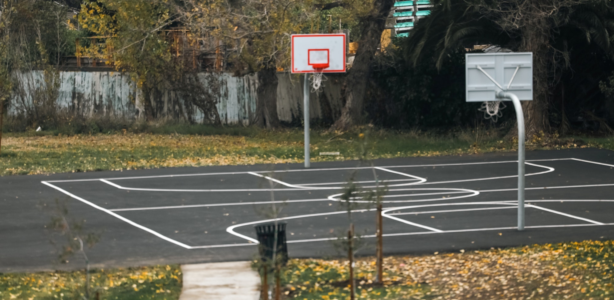 Outdoor basketball court with two hoops, surrounded by trees and grass, with a path leading to it.