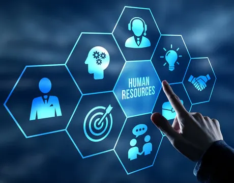The image features hexagonal icons related to human resources, including teamwork, communication, and strategy, with a hand pointing at them.