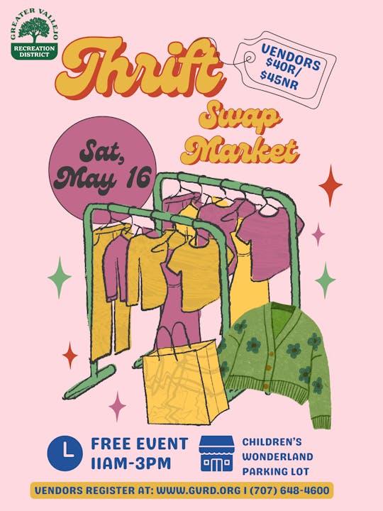 A colorful flyer for a Thrift Swap Market on May 16, 11 AM to 3 PM, at Children's Wonderland parking lot. Free event!