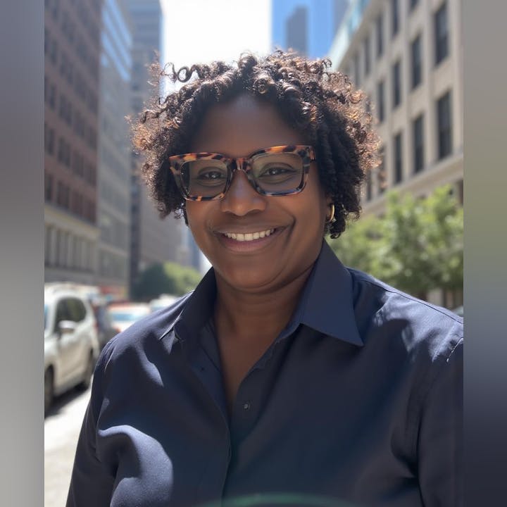 A smiling person with curly hair and glasses stands outdoors, with city buildings in the background. Bright sunlight illuminates the scene.