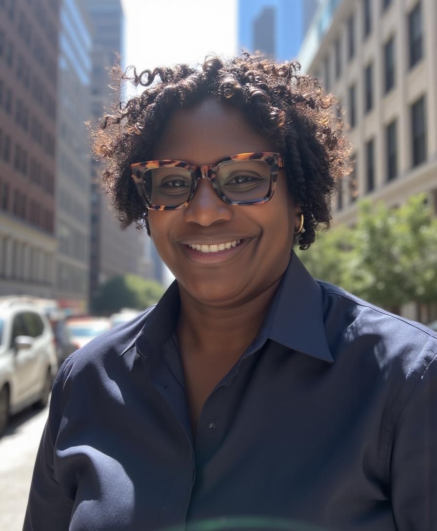 A smiling person with curly hair and glasses stands outdoors, with city buildings in the background. Bright sunlight illuminates the scene.