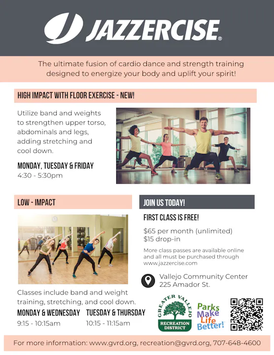 Jazzercise offers cardio dance and strength training classes at Vallejo Community Center. First class is free!