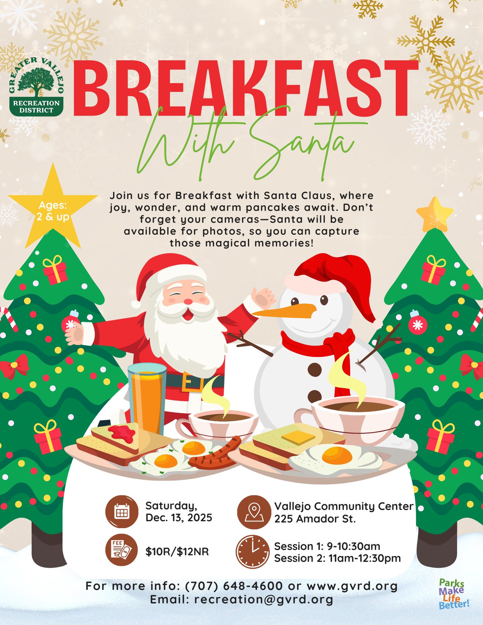 Event flyer for "Breakfast with Santa" on Dec 13, 2025, at Vallejo Community Center. Two sessions, $10R/$12NR. Ages 2+, photos with Santa.
