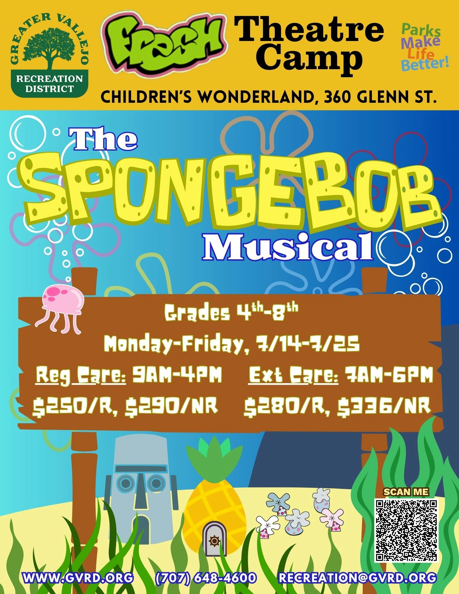 The SpongeBob Musical theatre camp for grades 4-8, 7/14-7/25, 9AM-4PM, $250/R, at Children's Wonderland. More details on QR code.
