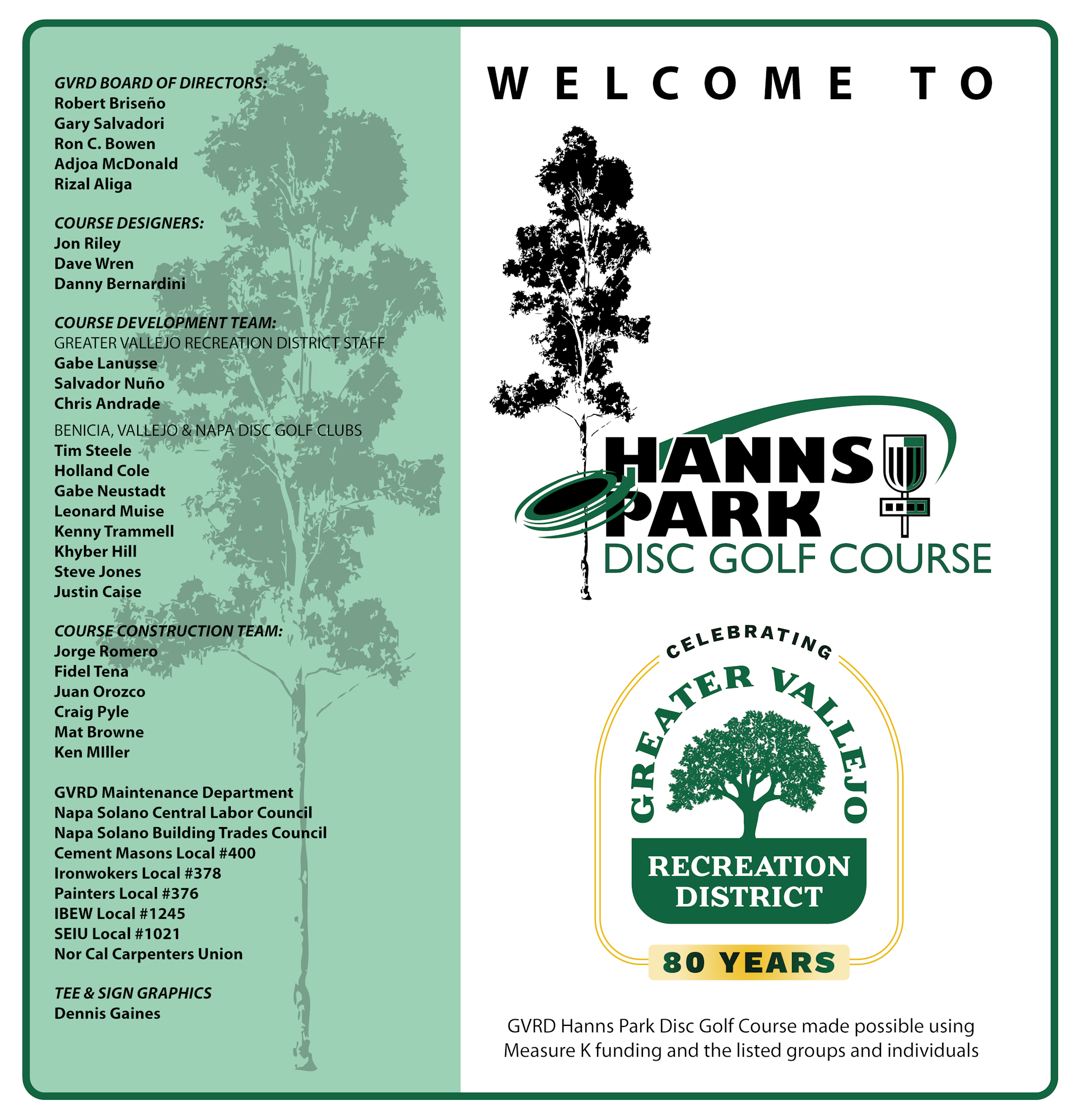 A sign for Hanns Park Disc Golf Course listing directors, designers, development and construction teams, celebrating Greater Vallejo Recreation District's 80 years.