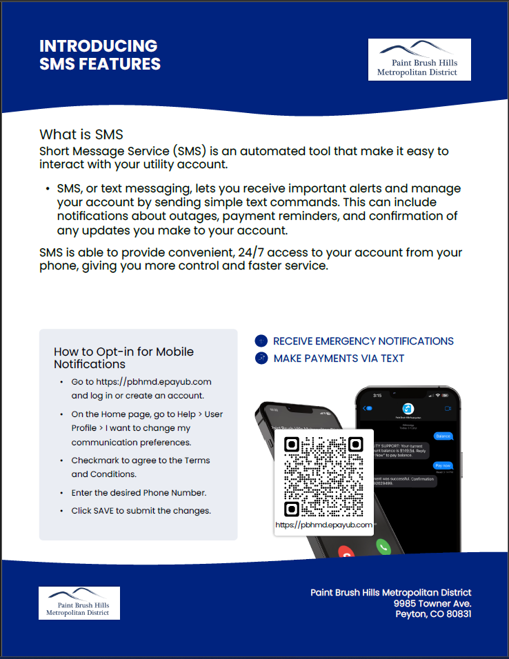 The image introduces SMS features for managing utility accounts, including alerts and payment options via text.