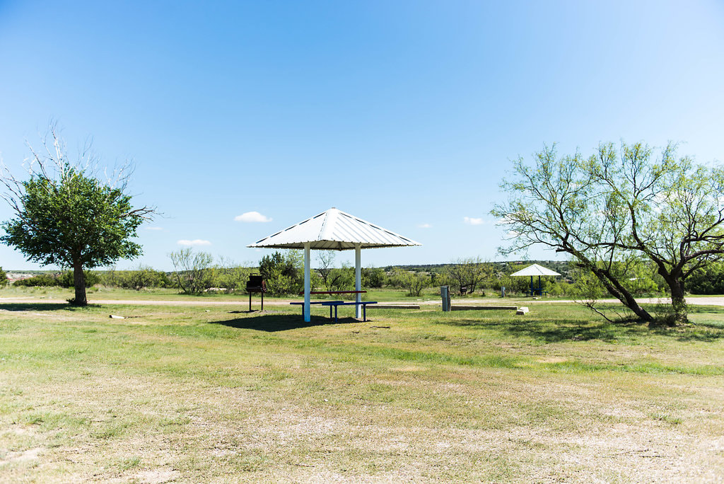 A sunny outdoor area featuring picnic tables under shelters, a tree, and open grassy space. Ideal for gatherings or relaxation.