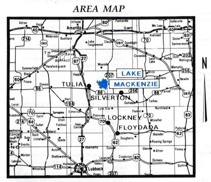 The image is an area map showing key locations like Lake Mackenzie, Tulia, Silverton, Lockney, and Floydada in Texas.