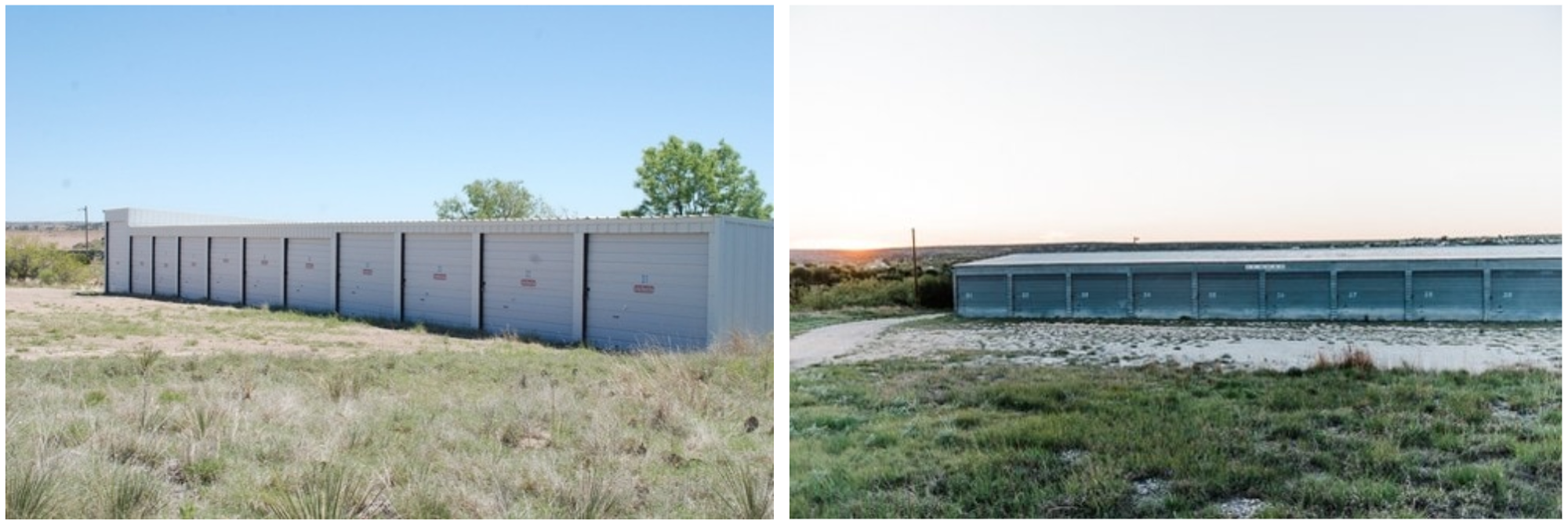Two images of storage units in different conditions and lighting, depicting a mix of grassy areas and nearby trees or hills.