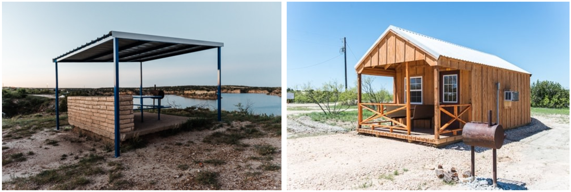 The image shows two structures: a covered picnic area by a lake and a small wooden cabin nearby.