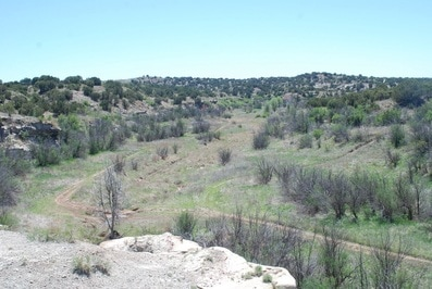 A scenic landscape with sparse vegetation, a winding path, and hills in the background under a clear blue sky.