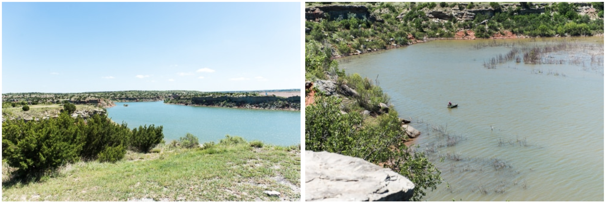 Two scenic views of a lake surrounded by greenery, with a person fishing in a boat on the right image. Bright blue sky overhead.
