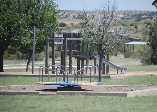 A playground with a wooden structure, slide, and a merry-go-round, surrounded by grass and a few trees.