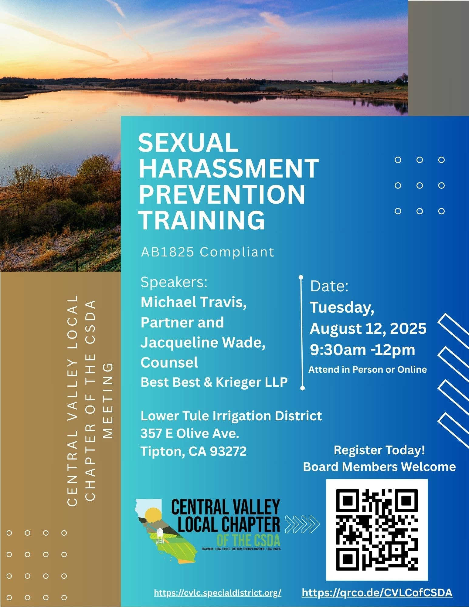 Sexual Harassment Prevention Training on August 12, 2025, 9:30am-12pm, Tipton, CA. Attend in person or online. Register now!