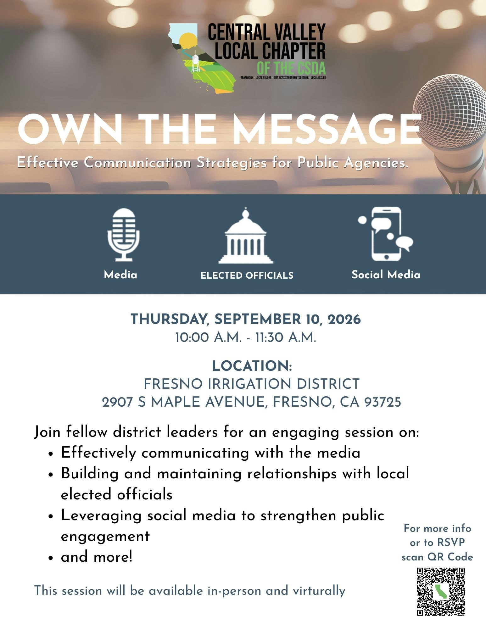 Event on effective communication strategies for public agencies, Sept 10, 2026, at Fresno Irrigation District. In-person/virtual.