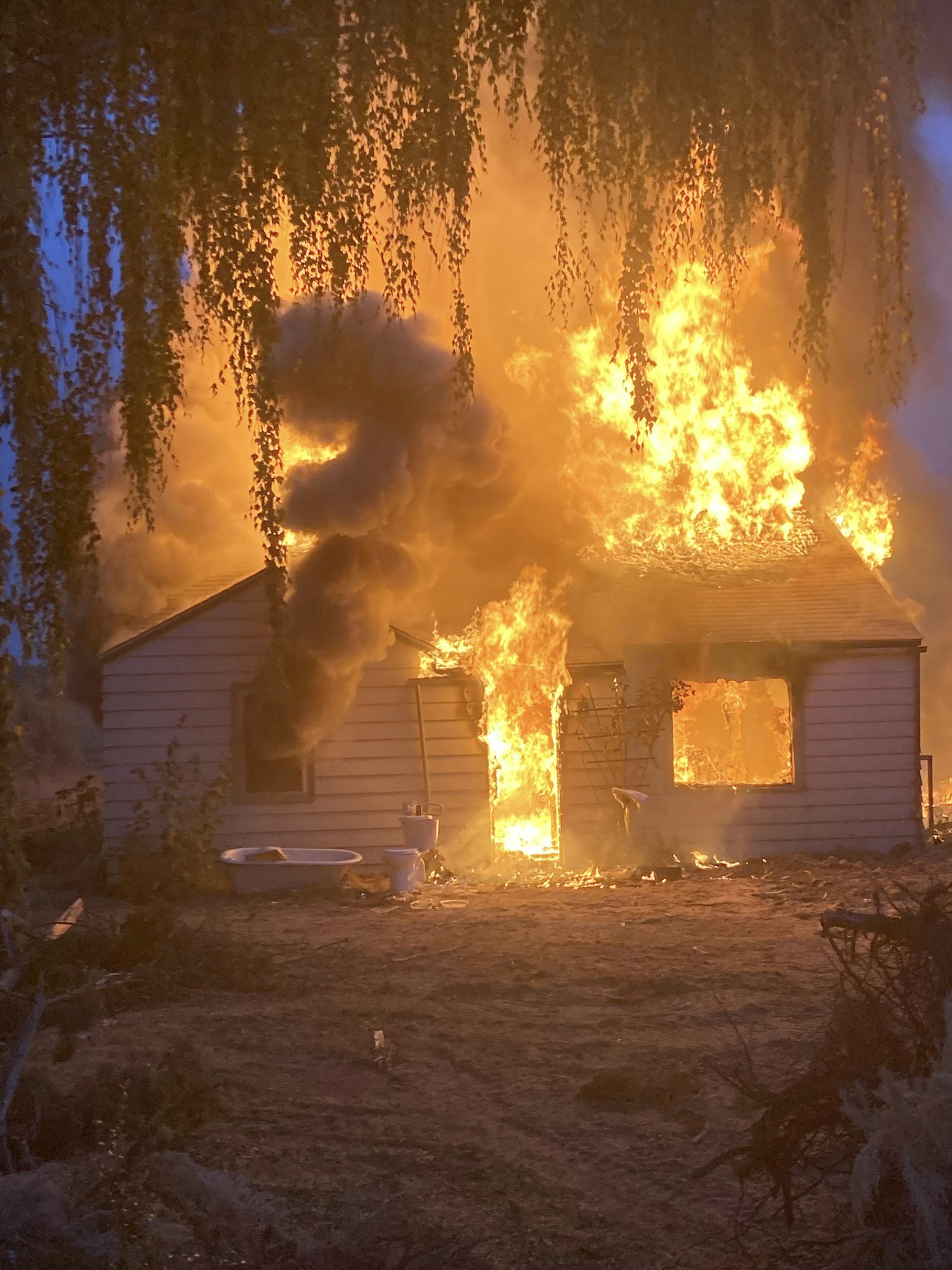 May contain: Building on fire, tree