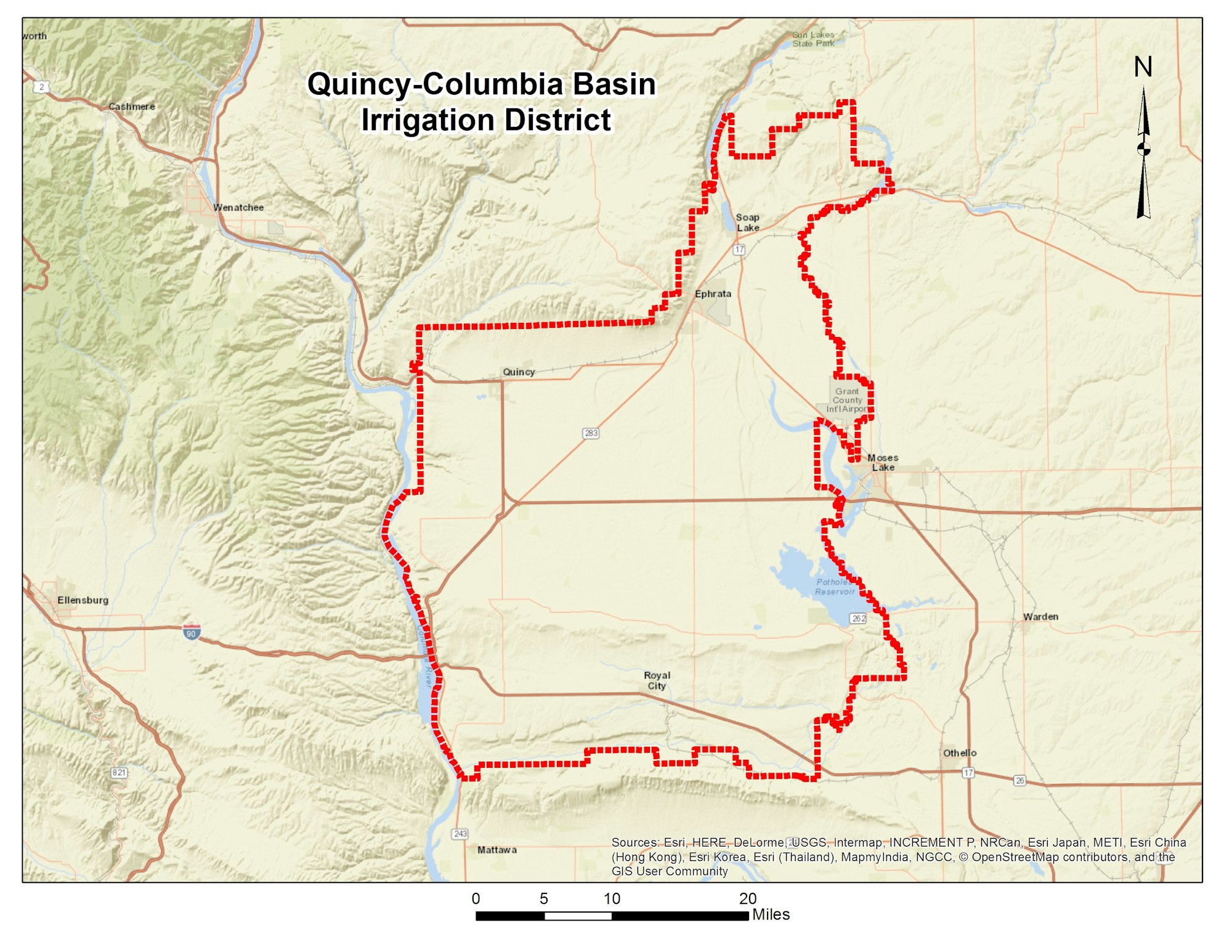Map of the Quincy-Columbia Basin Irrigation District in Washington, showing boundaries and major locations within the area.