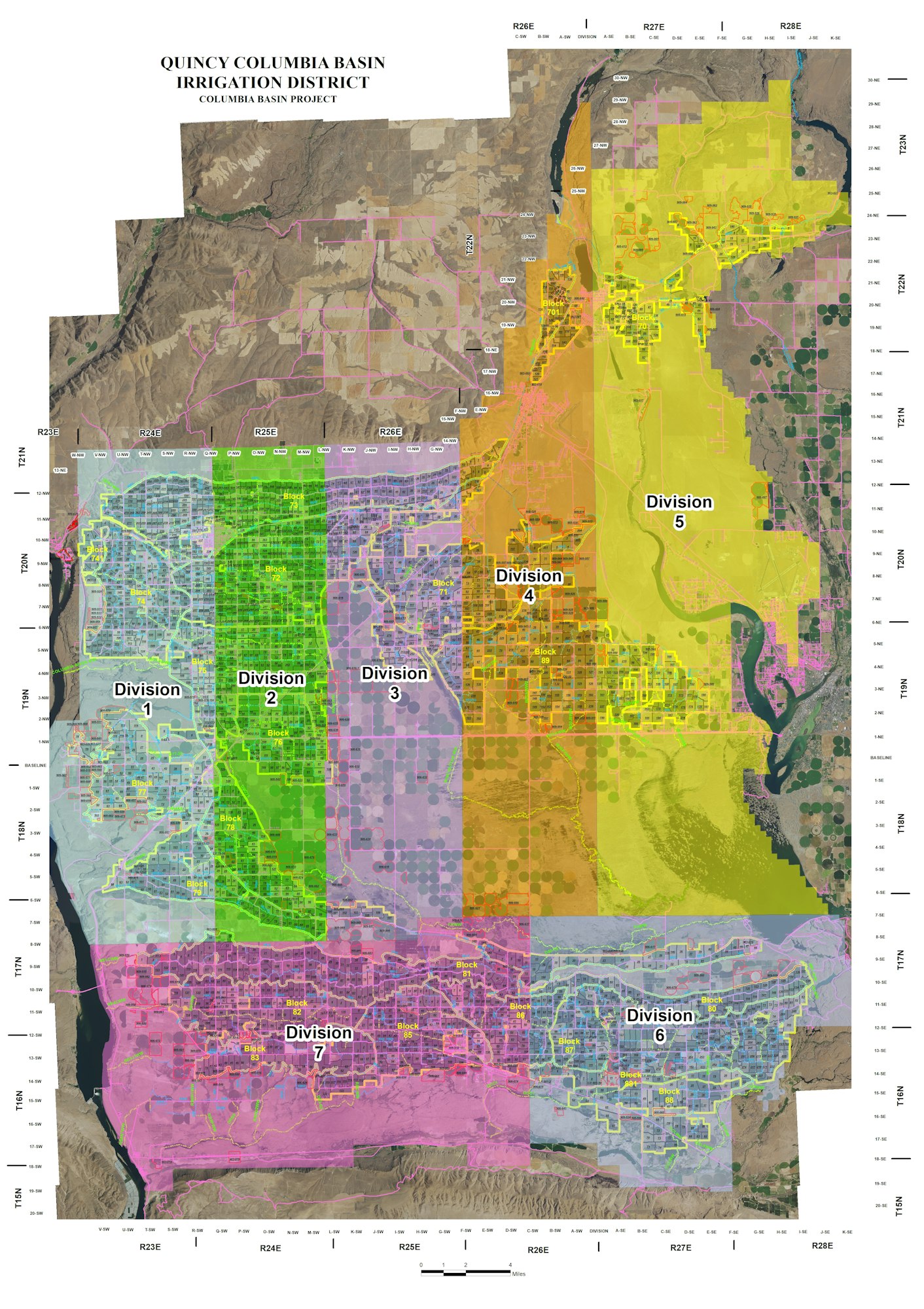 The image is a map of the Quincy Columbia Basin Irrigation District, showing different divisions and their layouts.
