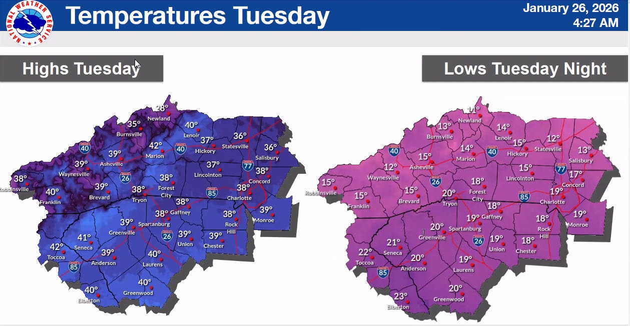 Weather forecast showing high temperatures for Tuesday and low temperatures for Tuesday night across a region.