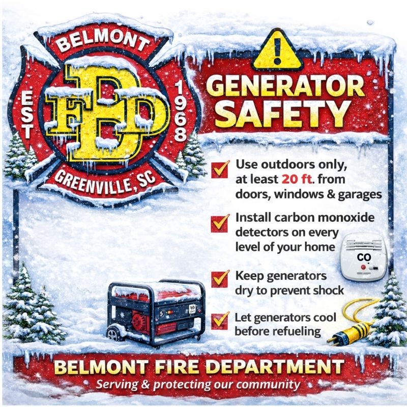 The image promotes generator safety tips from the Belmont Fire Department, including distance, carbon monoxide detectors, and refueling precautions.