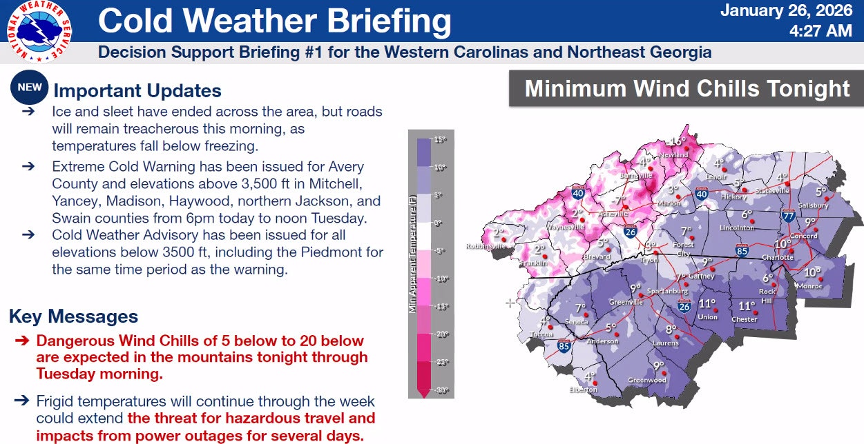Cold weather briefing for Western Carolinas and Northeast Georgia: extreme cold warnings, dangerous wind chills, and hazardous conditions.