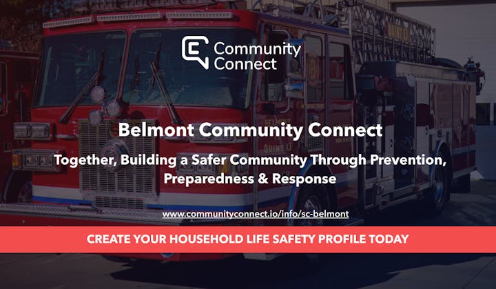 Fire truck with "Belmont Community Connect" promoting safety and preparedness.