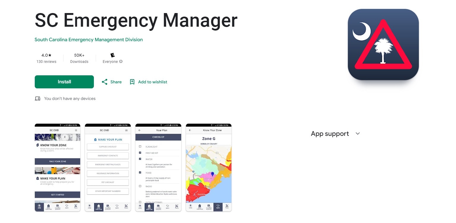 This is a screenshot of the SC Emergency Manager app with interface previews and an icon.