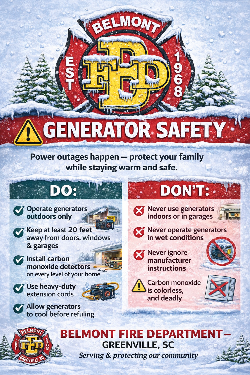 The image provides generator safety tips, including dos (operating outdoors, distance from structures) and don'ts (no indoor use, ignore instructions).