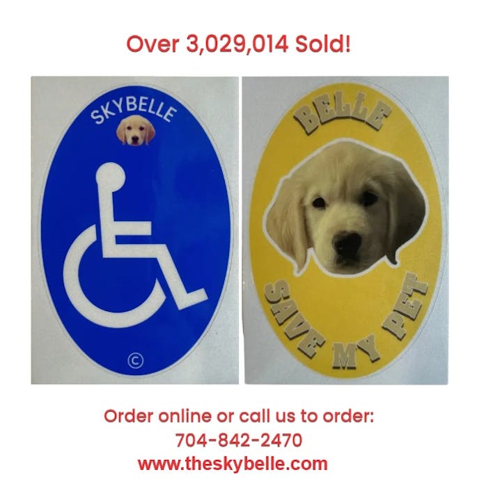 Stickers featuring a dog, wheelchair symbol, and "Save My Pet". Over 3,029,014 sold. Contact info: 704-842-2470, www.theskybelle.com.
