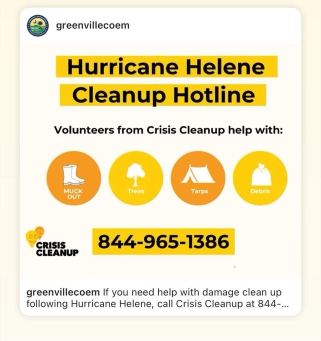 It's an ad for a Hurricane Helene Cleanup Hotline, with a number to call for assistance with muck out, trees, tarps, and debris.