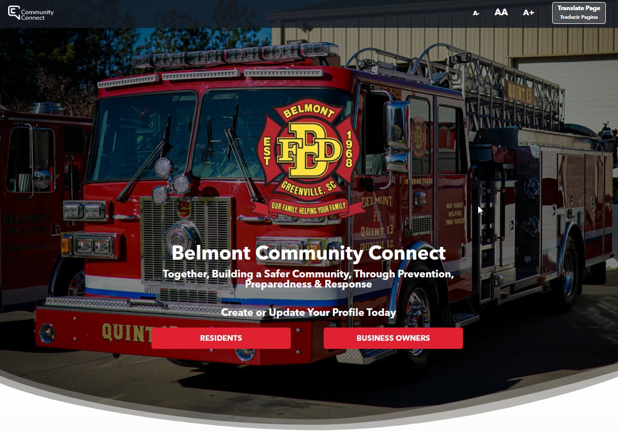 Fire truck with Belmont FD logo, promoting Belmont Community Connect for residents and business owners.