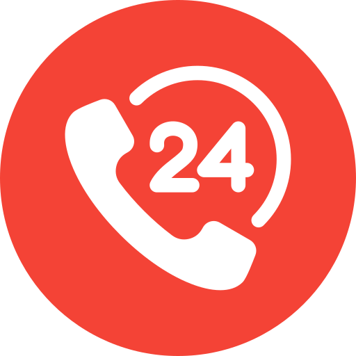 The image features a red circular icon with a white telephone symbol and "24" indicating 24-hour availability for calls.