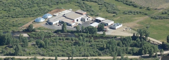 Aerial view of a compound with buildings, greenery around, and a pond.