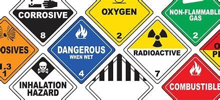 Various hazard labels, including corrosive, oxygen, radioactive, inhalation hazard, dangerous when wet, and combustible.