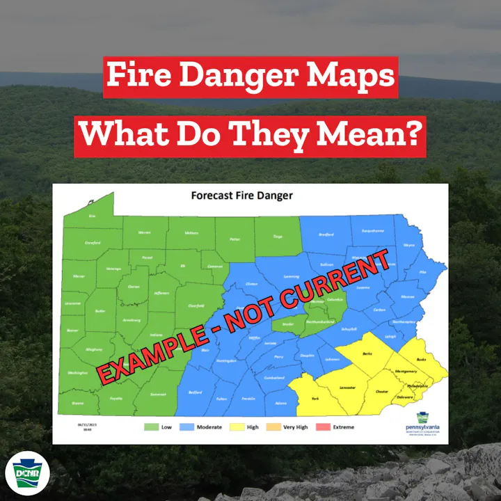 The image shows a fire danger map indicating varying levels of risk across regions, labeled "EXAMPLE - NOT CURRENT."