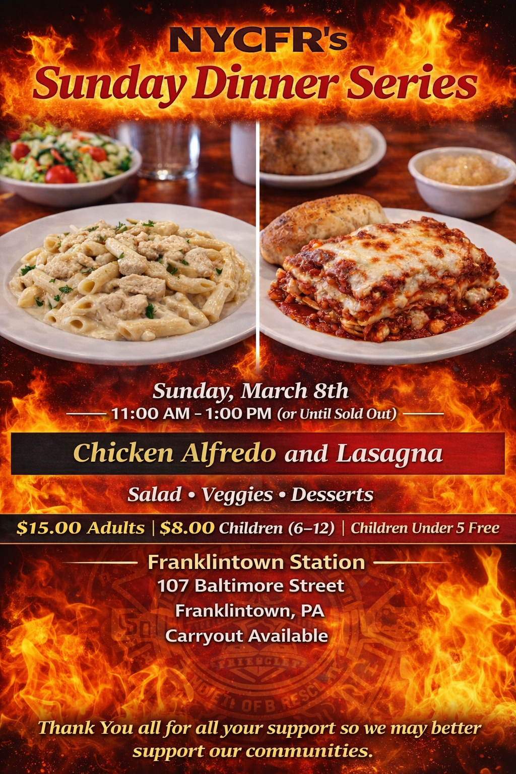 NYCFR's Sunday Dinner on March 8th features Chicken Alfredo, Lasagna, and more. Location: Franklintown Station, PA.