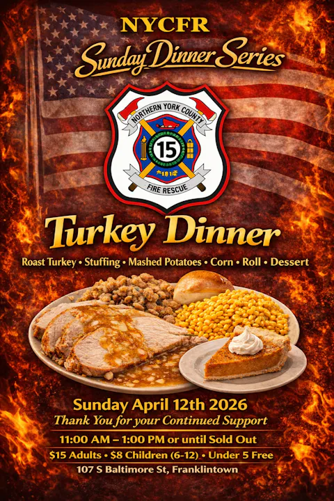NYCFR Turkey Dinner on April 12, 2026. Menu includes turkey, stuffing, and dessert. $15 adults, $8 children, 11 AM-1 PM.