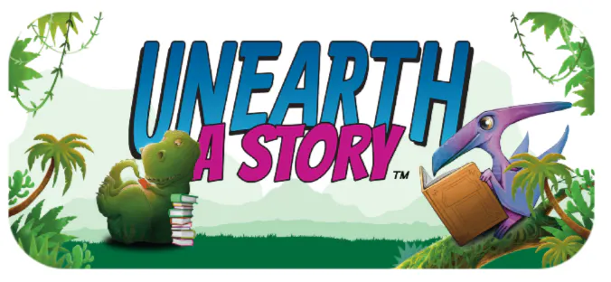 The image features the title "Unearth A Story" with cartoon dinosaurs and a scenic background. It's playful and colorful.