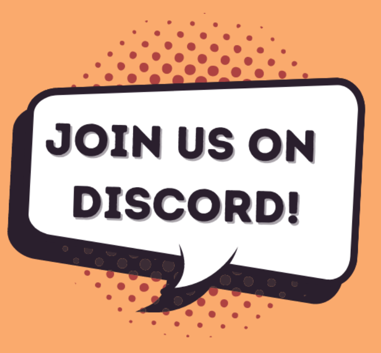 A speech bubble graphic saying "JOIN US ON DISCORD!" with a dotted background.