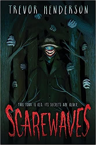 A creepy creature with glowing eyes and multiple hands on a dark background with the title "Scarewaves" by Trevor Henderson.