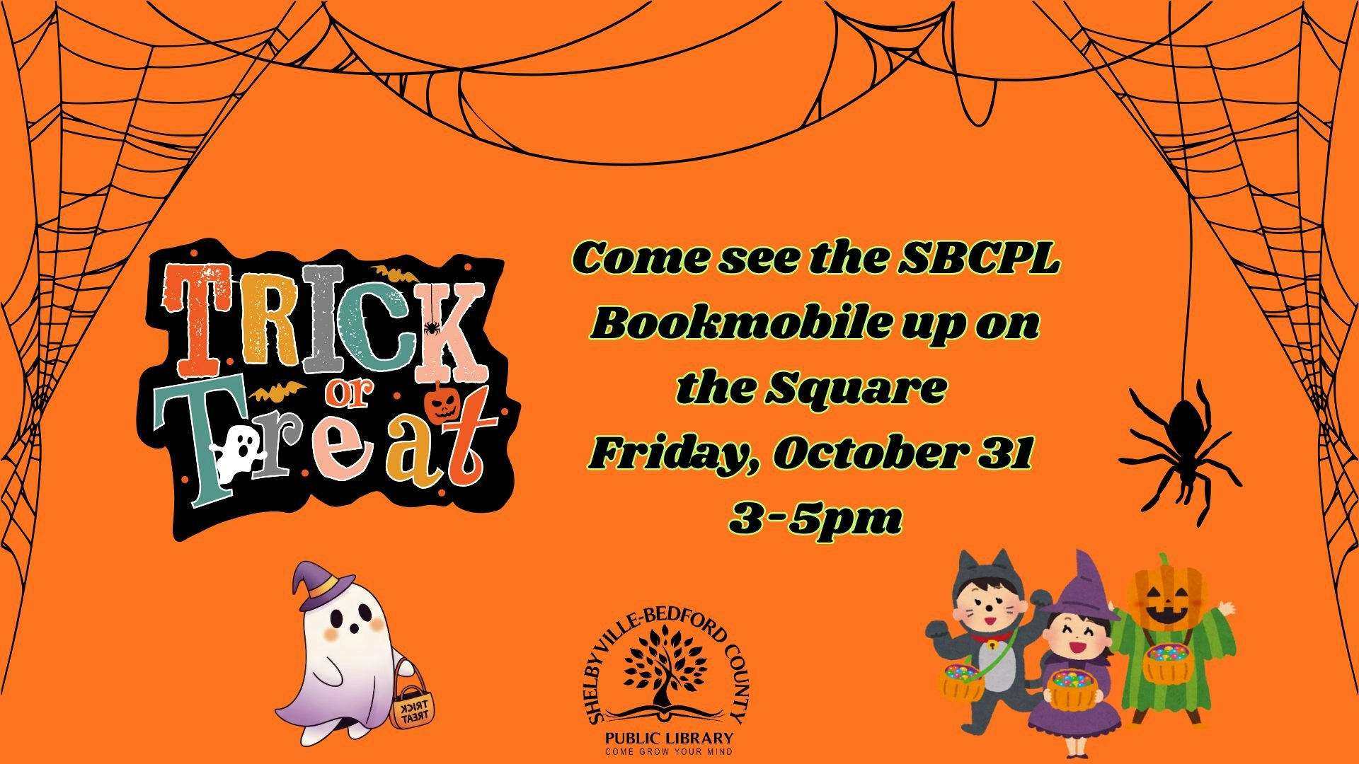 Halloween-themed event poster for SBCPL Bookmobile on October 31, 3-5pm, featuring "Trick or Treat," kids in costumes, webs, and a spider.
