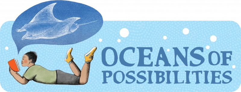 Illustration of a person reading with a dolphin thought bubble and "OCEANS OF POSSIBILITIES" text.