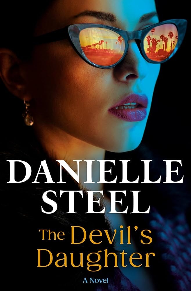 The image features the book cover of "The Devil's Daughter" by Danielle Steel, showcasing a woman with reflected scenery in her sunglasses.
